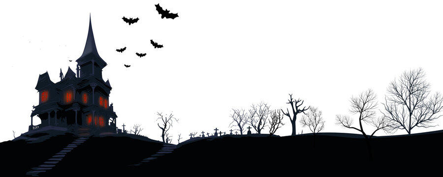 Haunted house on a hill from which bats fly out (landscape)
