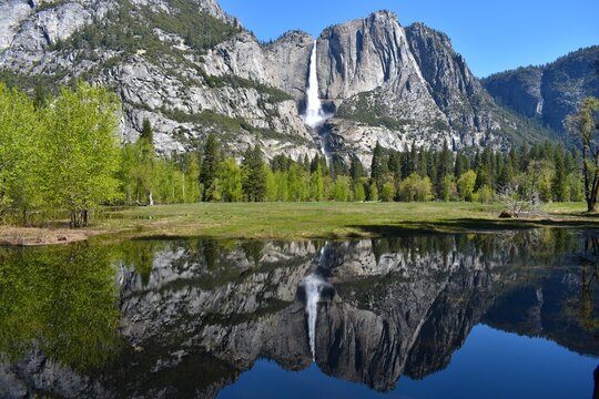 Stock photo depicts a stunning view of Yosemite Falls in Yosemite National Park, California