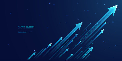 Digital bunch of glowing arrows up diagonally. Abstract boosting conception of high-speed Internet connection. Light low poly wireframe vector illustration on technology blue background. 