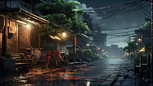 wet road when it rains at night. Anime art style. Loop animation