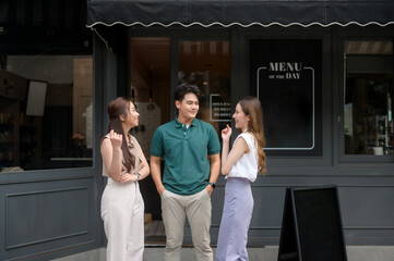 Happy Young Asian friends chilling in cafe