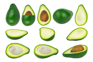 avocado set, ripe avocado fruit cut into different pieces isolated from background