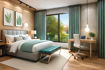 modern bedroom has a work desk overlooking nature and trees.