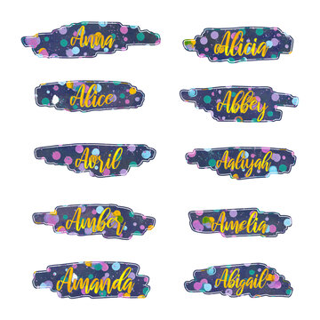 girl names that start with letter A, stickers, printable, labels with artsy background, isolated, extracted, png file