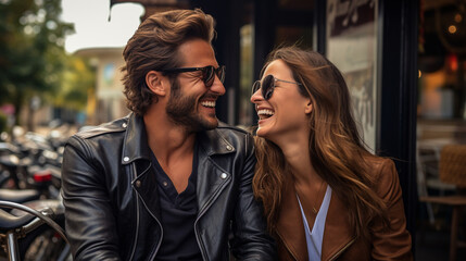 A fashionable biker couple dressed in leather jackets, enjoying a relaxing break at a charming roadside cafe 