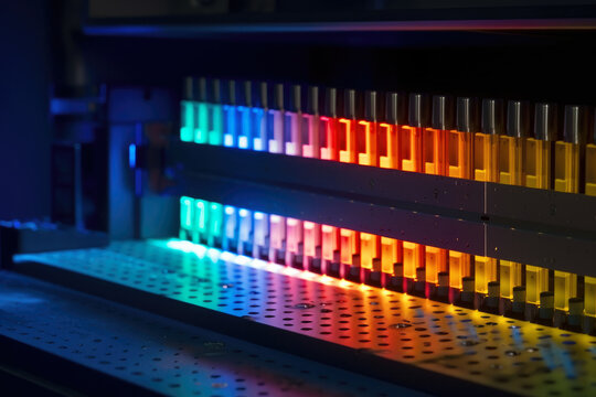 Close-up photo of a spectrometer's detector array capturing and processing the light spectrum for precise measurement and analysis