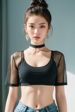 Portrait of beautiful Chinese women with Messy top knot bun, mesh black crop top, chunky choker necklace. Candlelit backdrop