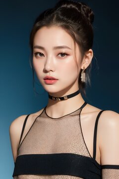 Portrait of beautiful Chinese women with Messy top knot bun, mesh black crop top, chunky choker necklace. Candlelit backdrop