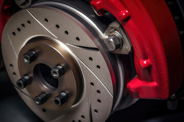 Detailed macro shot of brake caliper with brake disc in the background