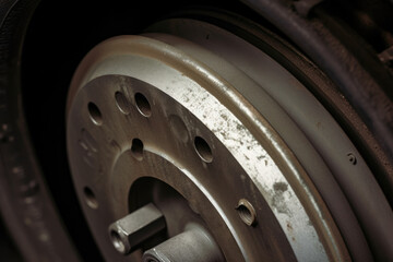 Detailed macro shot of brake drum with brake pads and drum lining in view