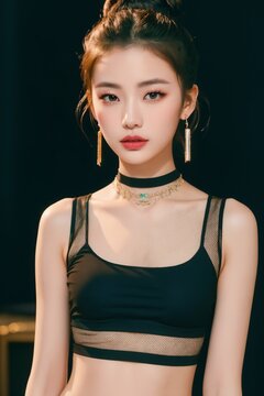 Portrait of beautiful Chinese women with Messy top knot bun, mesh black crop top, chunky choker necklace. Candlelit backdrop