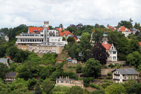 View of Luisenhof hotel and the upper station of Standseilbahn Dresden, one of two funicular railways in Dresden, Germany