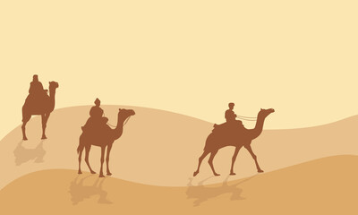 Desert scenery beautiful bright sky on the desert with camel. vector illustration. view of caravan traveling and camels shadows on the sand dune in desert - obrazy, fototapety, plakaty