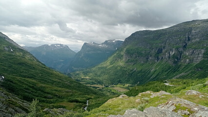 Fototapeta na wymiar The viewpoint at the top of valley near Route Geiranger-Trollstigen Geiranger fjord, Norway.
