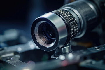 close up of a machine vision camera lens detecting tiny surface defects on metal pipes in a steel factory - obrazy, fototapety, plakaty