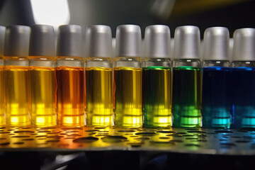 Close-up of hydraulic oil being tested in a laboratory with a scientific instrument, showing a gradient of colors and transparency