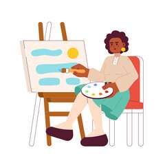 Talented woman painting on easel flat concept vector spot illustration. African american 2D cartoon character with paintbrush on white for web UI design. Isolated editable creative hero image
