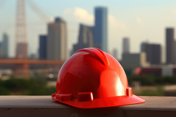 Close-up of red hard hat with a city skyline in the background, emphasizing the importance of protective gear in urban construction
