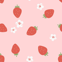 Seamless pattern with strawberry fruit and cute flower on pink background vector illustration.