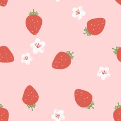 Foto op Aluminium Seamless pattern with strawberry fruit and cute flower on pink background vector illustration. © Thanawat