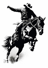 cowboy riding a bucking rodeo horse illustration on a white background