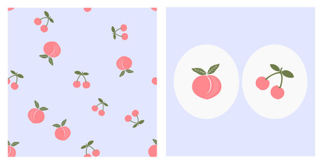 Seamless pattern with cherry and peach fruit on purple background vector illustration.