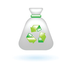 3D Recycle Trash Bag Garbage Bag Icon. Eco Sustainability Environmental Concept. Glossy Glass Plastic Color. Cute Realistic Cartoon Minimal Style. 3D Render Vector Icon UX UI Isolated Illustration.
