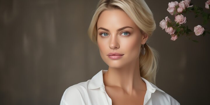 Portrait Of A Blonde Woman In A White Shirt And Flower Earrings In Her Ears.