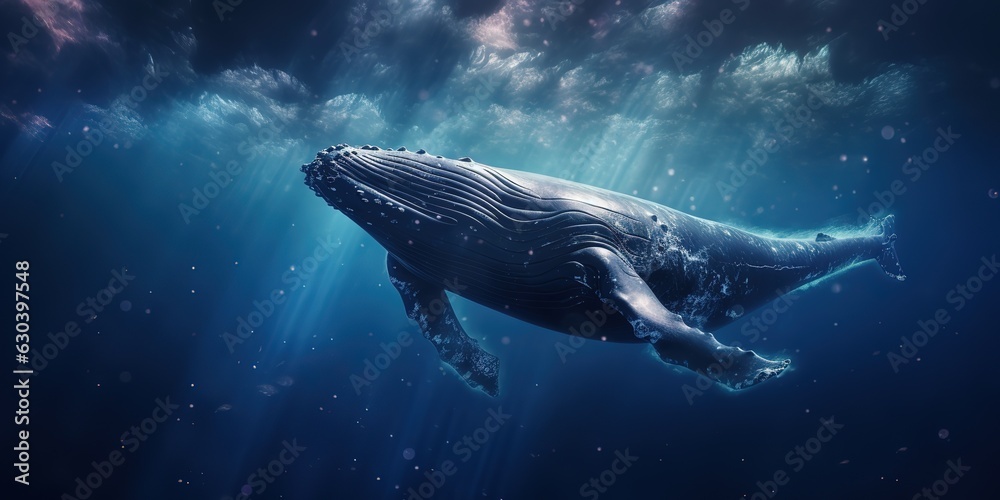 Canvas Prints A large humpback whale swims in the clouds, the starry sky and the planet.