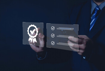 Hand showing quality assurance sign, leading service, certification, quality control, warranty standard, business technology concept.	
