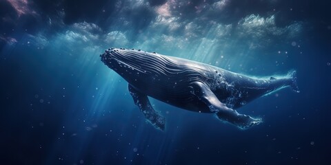 A large humpback whale swims in the clouds, the starry sky and the planet.