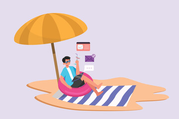 Freelancer working from home or beach at relaxed pace, convenient workplace concept. Colored flat vector illustration isolated. 