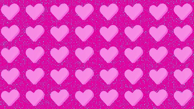 Trendy animated background with blinking dots and a grid of elegant 3D rotating pink hearts on a pink background - seamless loop