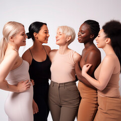 Women of different ages together in the studio on a gray background. Multiethnic group of diverse women having a good time.