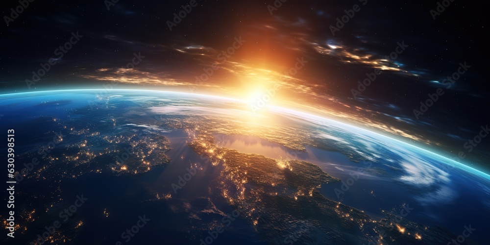 Aufkleber planet earth dawn sunset from space. silhouette of the planet earth in the rays of the sun against t