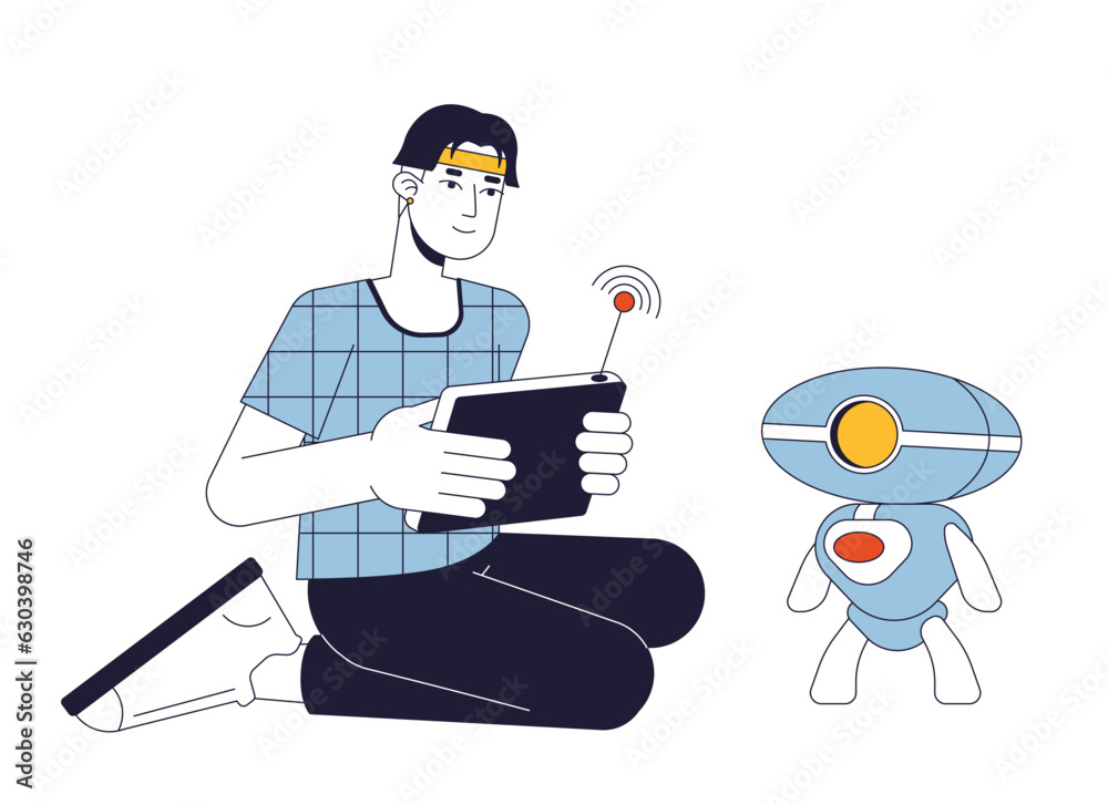 Poster robotics engineer flat line concept vector spot illustration. man with wireless console testing robo