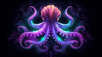 Neon glowing octopus animal isolated on a dark background, phantasmal iridescent, psychic waves created with generative ai technology