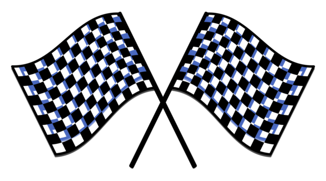 Motorsport chequered flag illustration in black and white and blue for racing events
