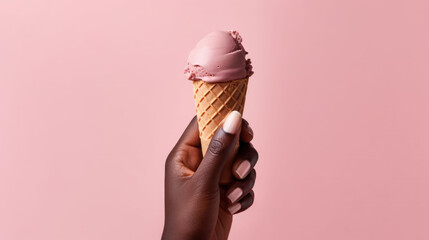 Hand-holding strawberry ice cream cone in pink faded pastel color
