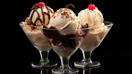 Vanilla, strawberry, and chocolate sundae dish ice cream scoops with wafer stick in sundae cup or glass