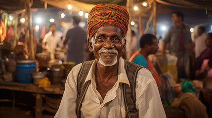 Fototapeta na wymiar The portrait of Indian senior man in the market