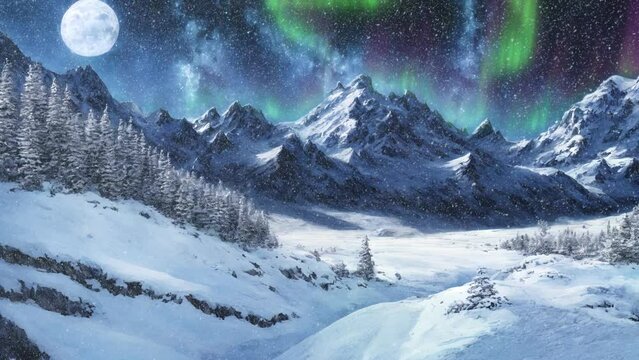 Winter Night mountain landscape, Anime seamless Background.