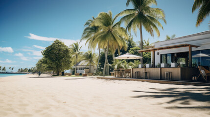 Sandy beach at noon with coconut trees and refreshments