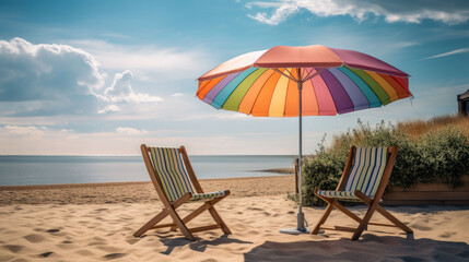 summer on the beach and chair with rainbow umbrella colorful