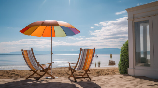 summer on the beach and chair with rainbow umbrella colorful