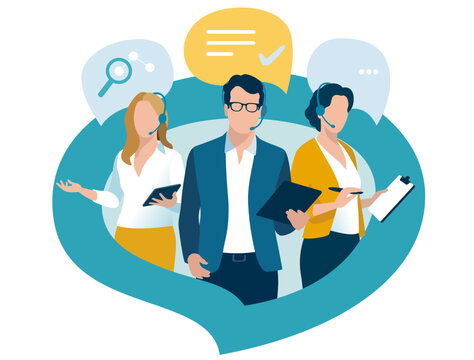 Customer service, call center. hotline operators with headsets in the speech bubble. Online technical support. Vector illustration. 