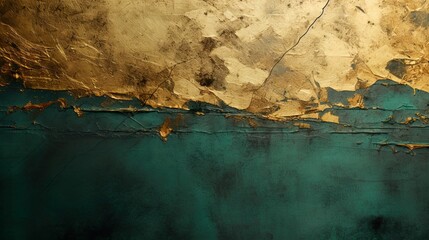 Naklejka premium Distressed painted antique wall in green, pine green and gold texture. Beautiful distressed, weathered, luxury vintage aged metal surface. Ancient, decayed, vintage texture parchment, background.