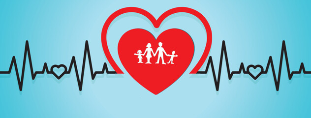 heart and heartbeat Family Healthcare Vector Heart with a family heart health care concept.