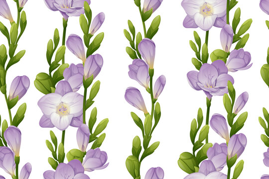Seamless vertical pattern with purple freesia flowers and green buds. Wallpaper, fabric, wrapping paper, scrapbooking paper