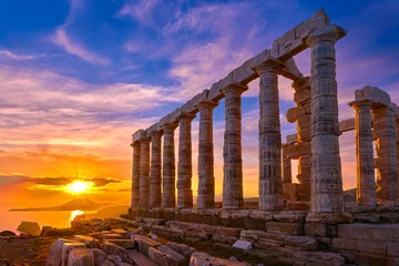 Gordijnen Sunset sky and ancient ruins of temple of Poseidon, Sounion, Greece © NPershaj
